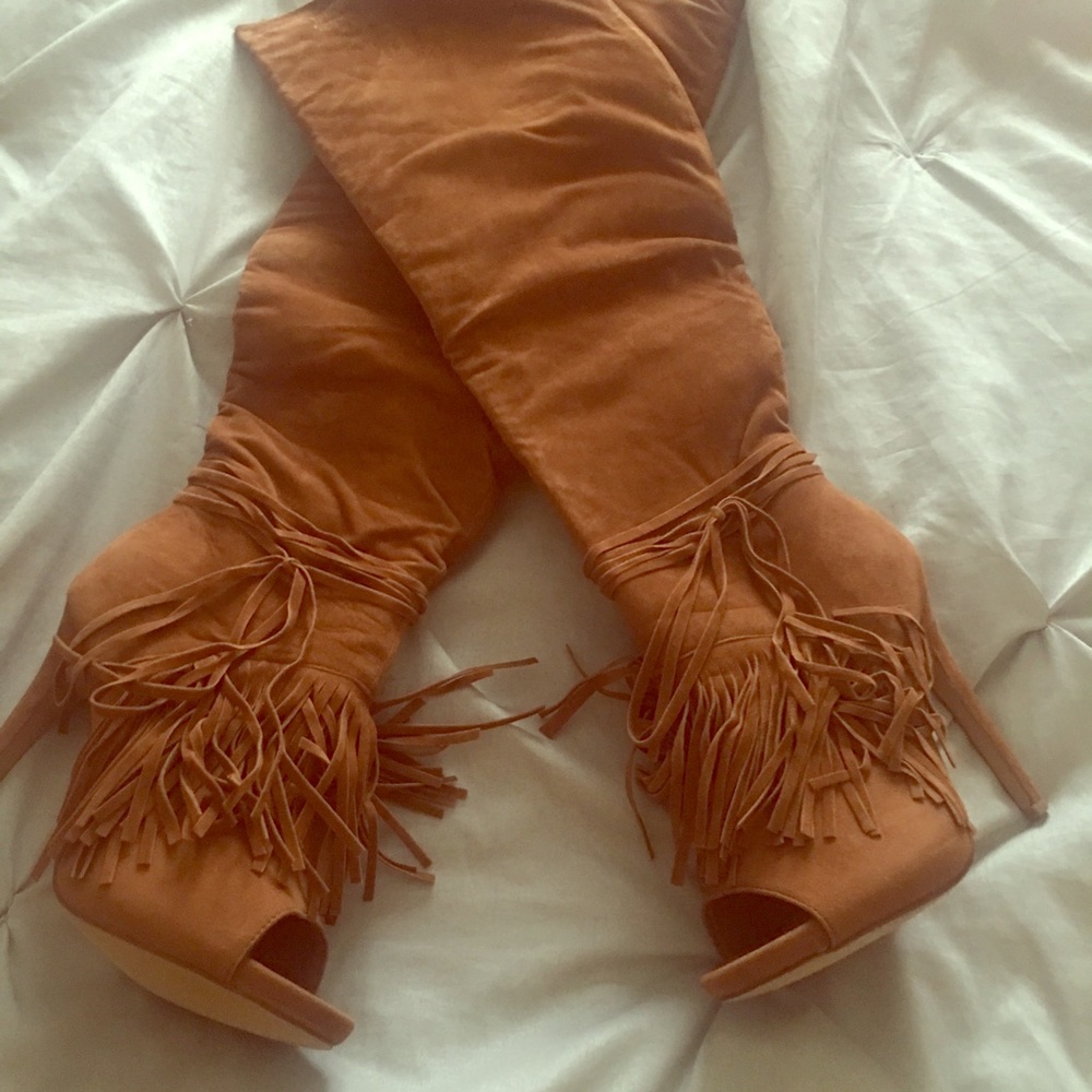 Thigh high peep toe fringed boots